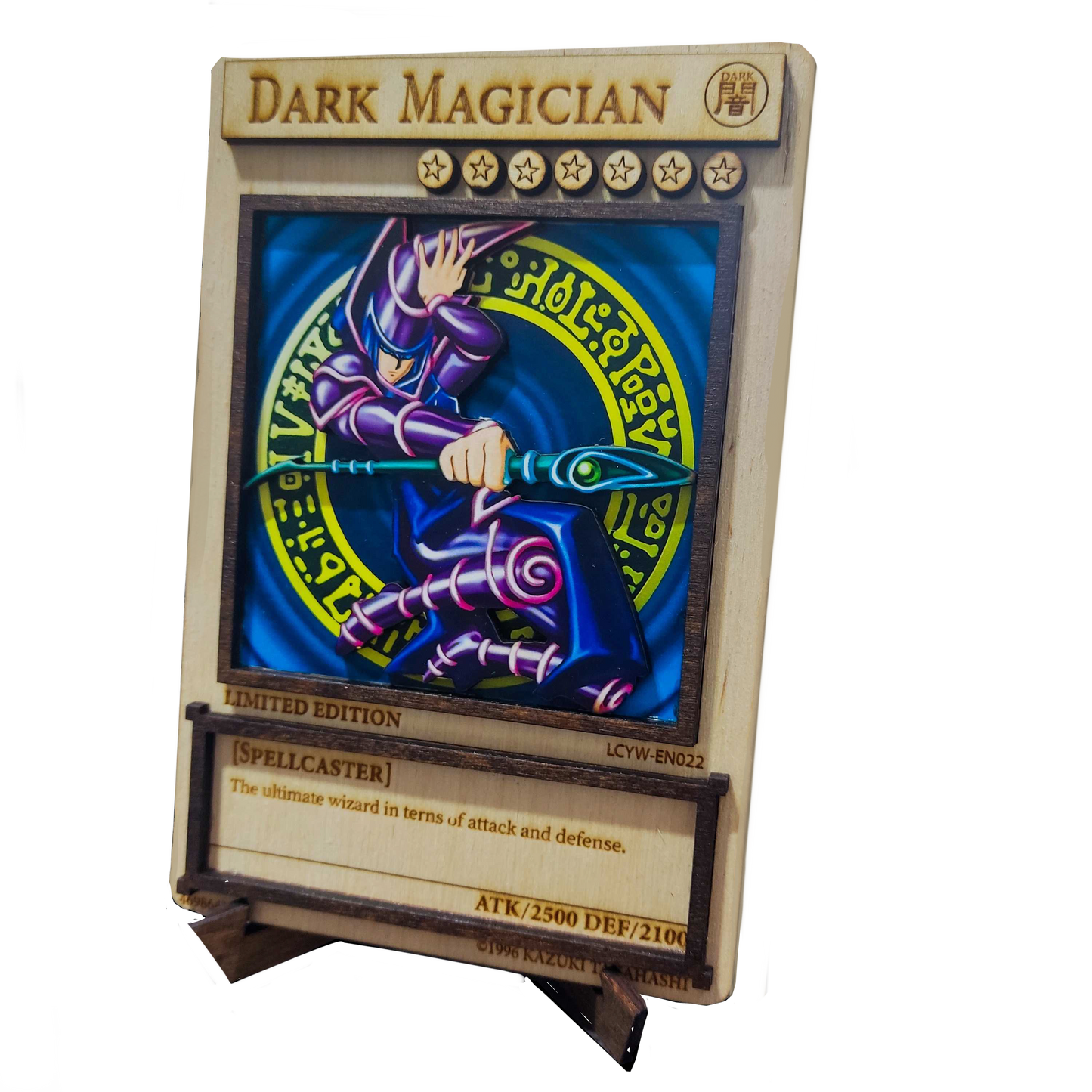 Ξύλινη κάρτα Yu-Gi-Oh! με εκτύπωση του Σκοτεινού Μάγου 3D με βάση