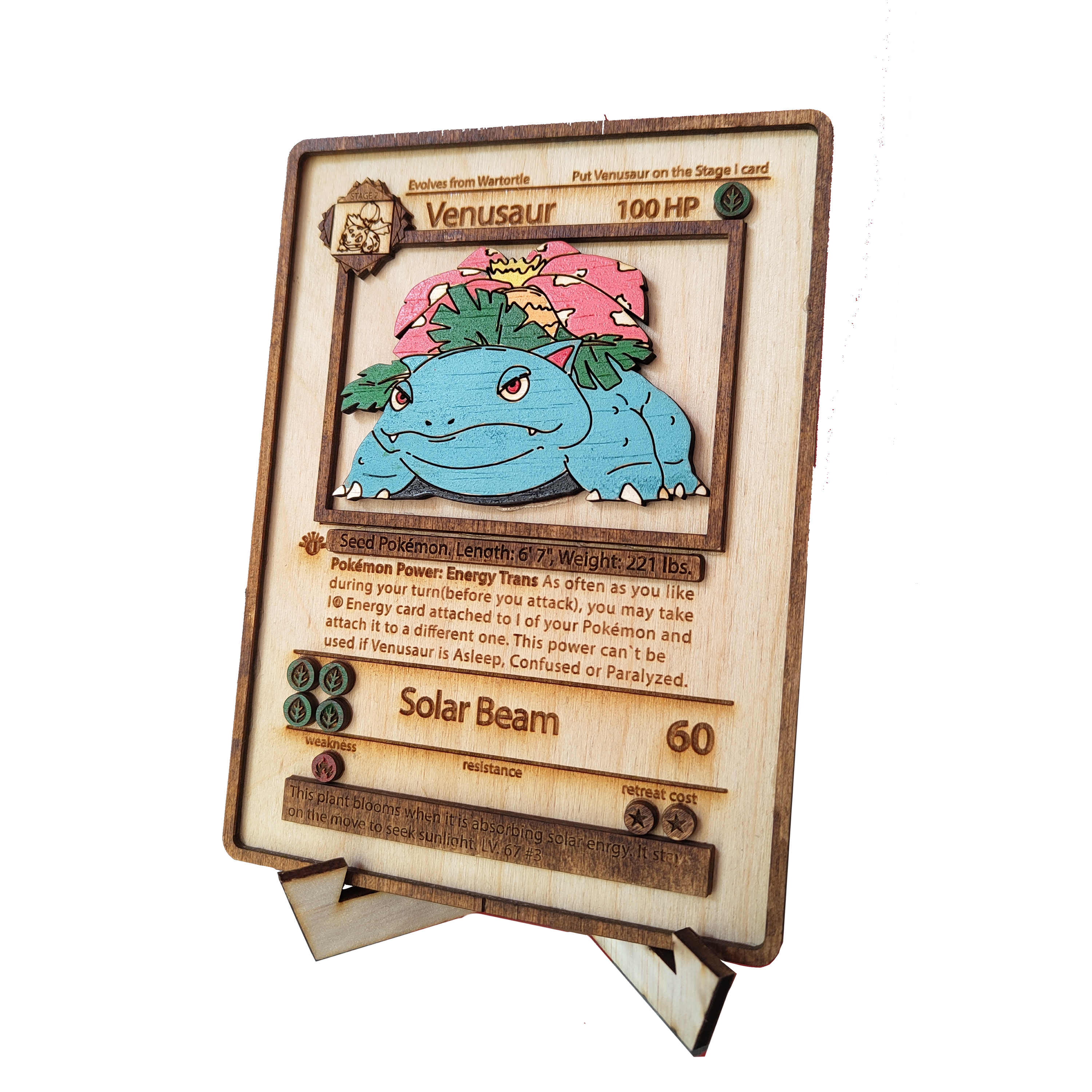 Ξύλινη ζωγραφισμένη προσομοίωση κάρτας Venusaur από το παιχνίδι καρτών Pokemon με βάση.