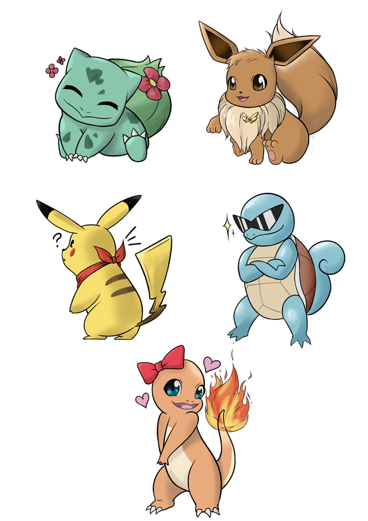 Σετ αυτοκόλλητα Pokemon starters Gen 1 και Pikachu με Eevee